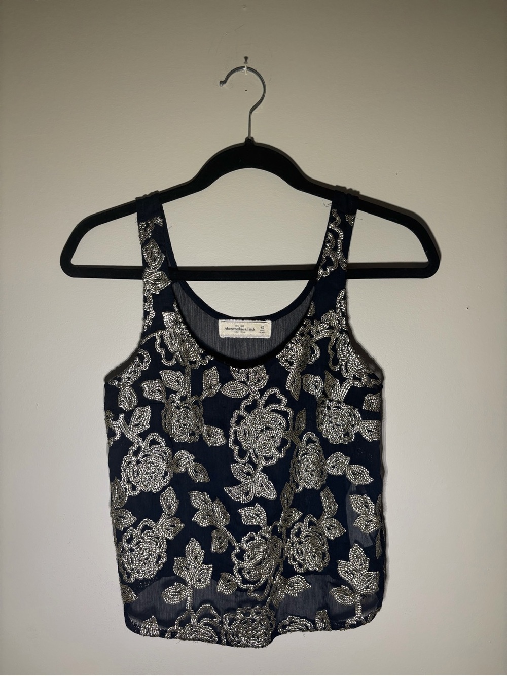 Abercrombie & Fitch Navy Camisole with Silver Sequin Floral Design